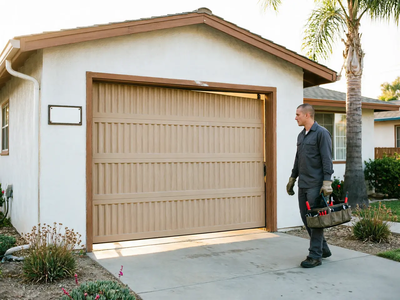 A technician walks toward a garage with a partially open garage door.