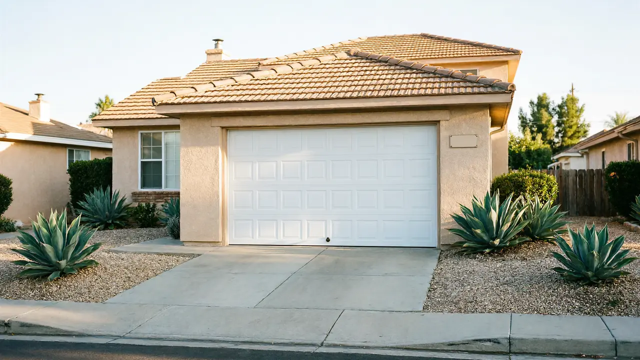 A beige house with a white garage door and agave plants in the front yard.