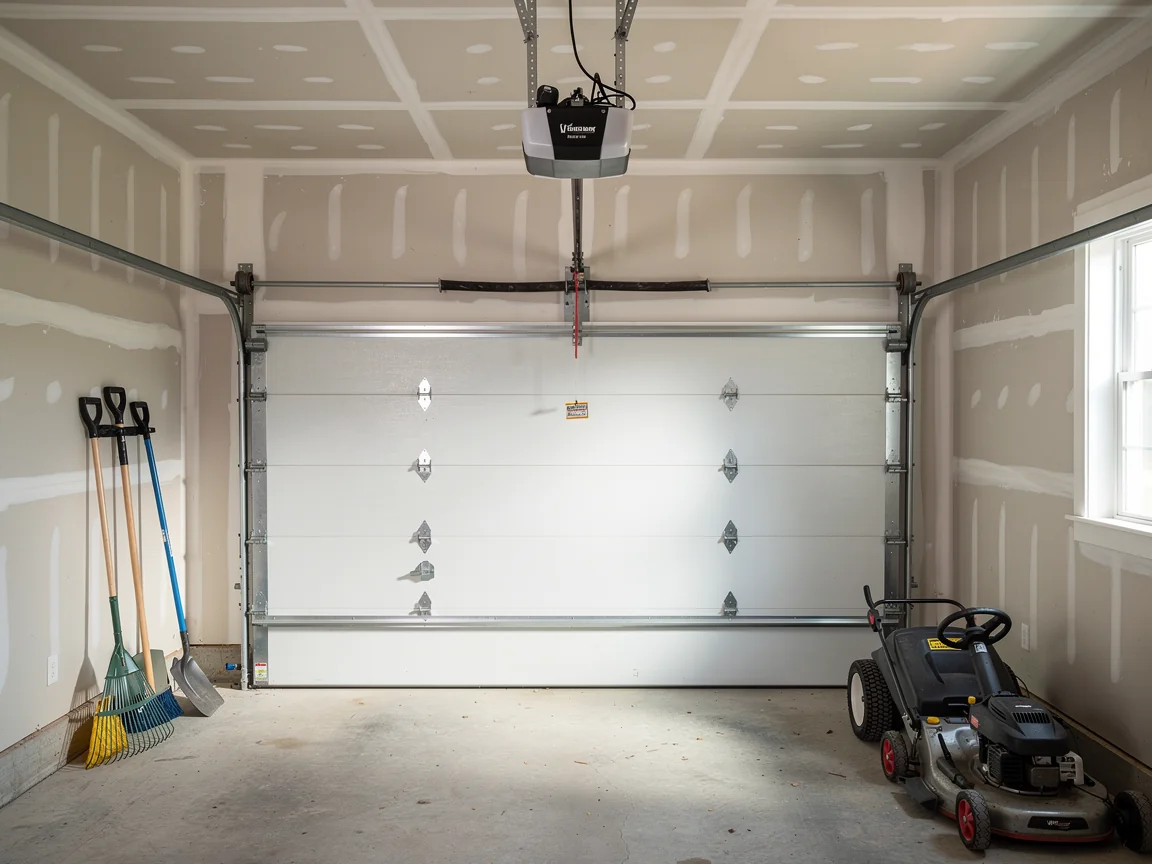 A white garage door is closed in a garage with unpainted drywall.