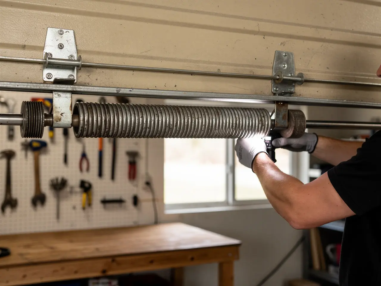 A technician with gloves inspects a garage door torsion spring with a flashlight.